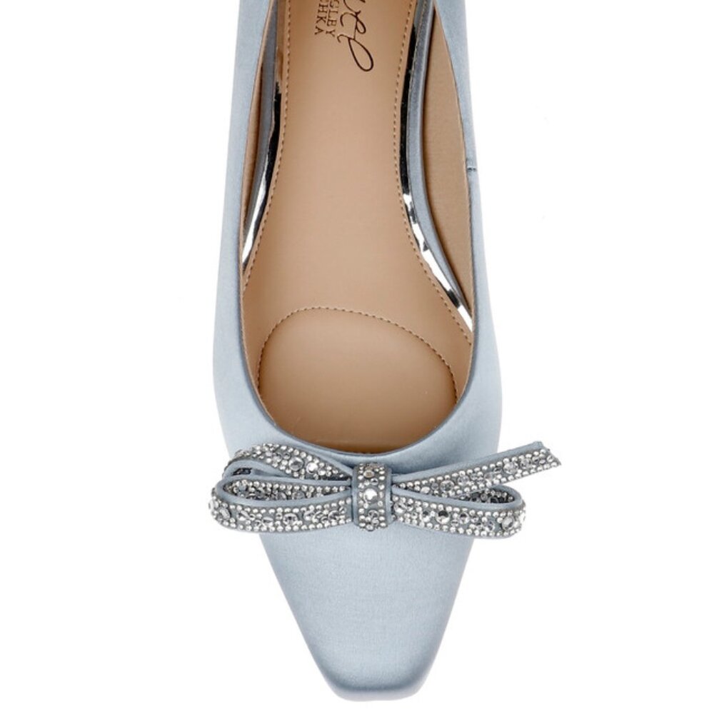 BADGLEY MISCHKA Hesther Ballerina Flats with Rhinestone Bow in Blue 5.5 NWT